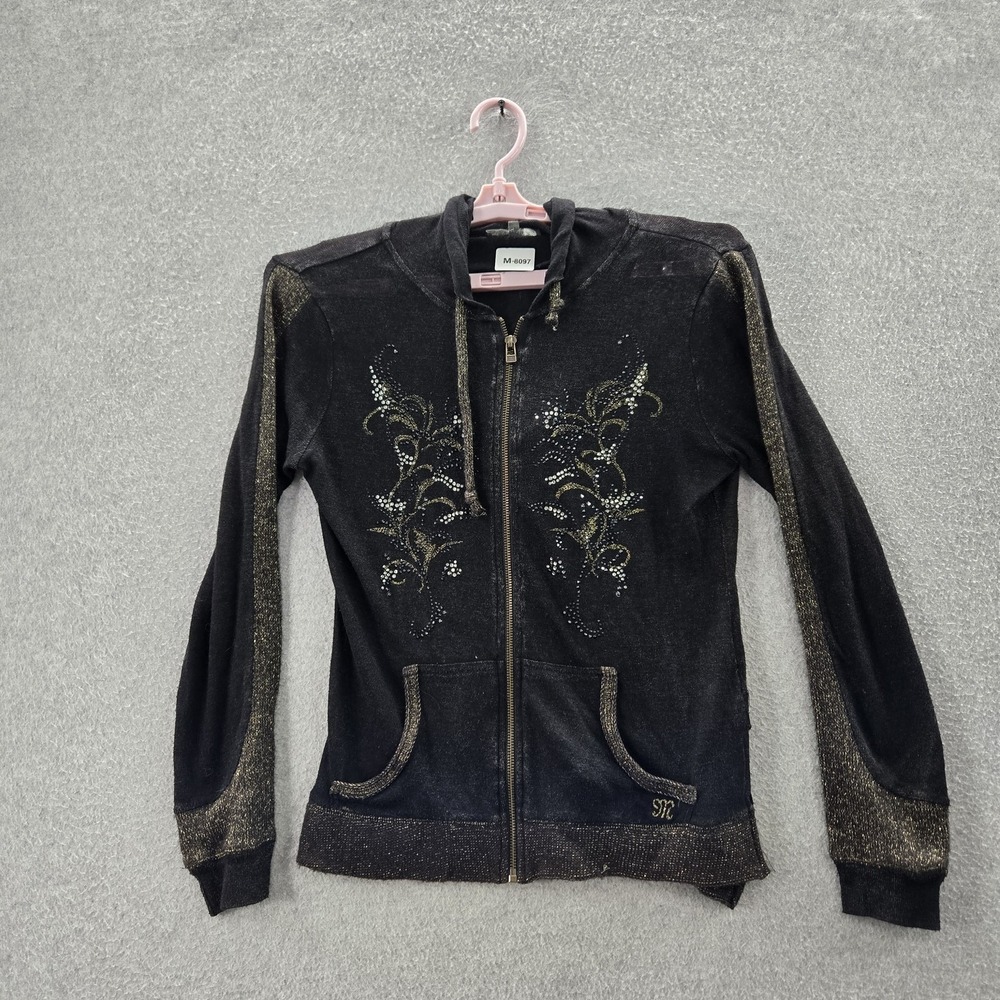 Miss M Women Hoodie S Black Acrylic Linen Floral Rhinestone Metallic Thread READ